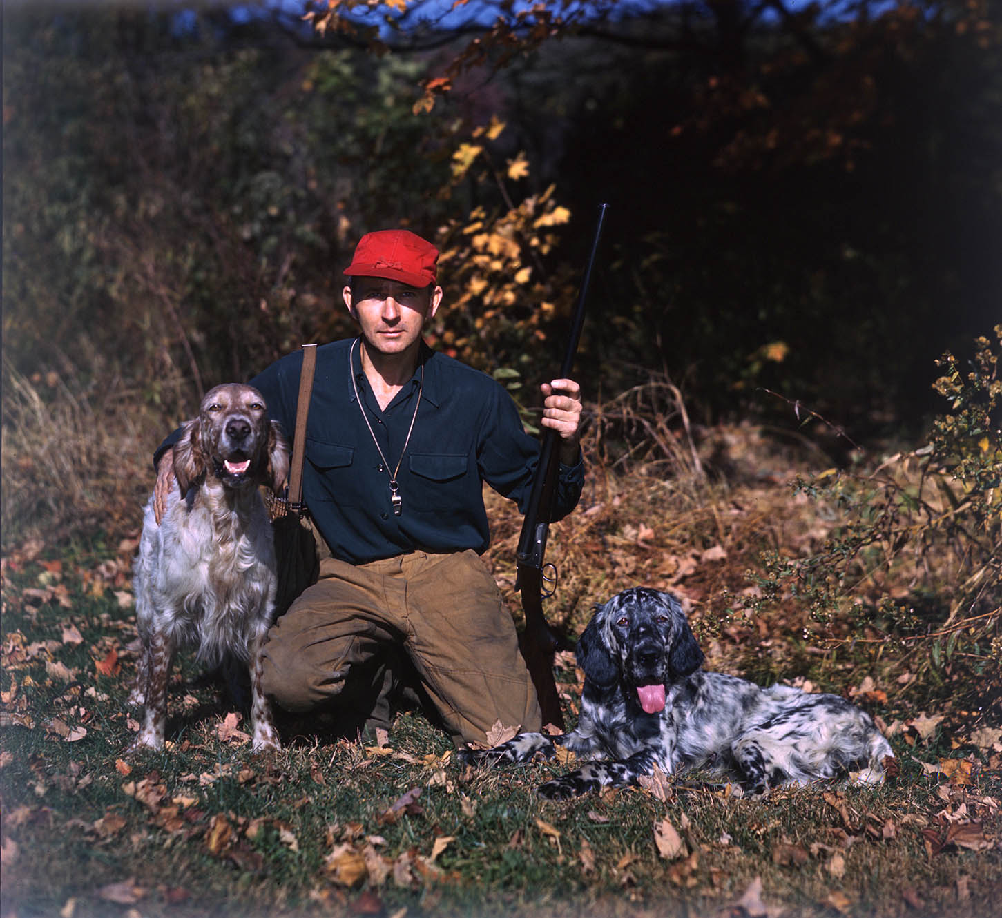 George Bird Evans poses with Blue and Dawn, ca. 1940.