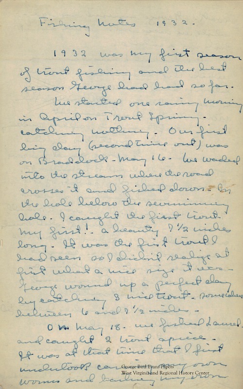 In this journal, Kay and George detail accounts of fishing in Trout Spring. They also relate stories of shooting woodcock and grouse with their pointer dogs in Meadow Run, Braddock, Daisy Field, Meadow Ridge, and Mill Run. Their dogs Speck, Pat, and Father accompany them. Many entries include reports on the weather and terrain.