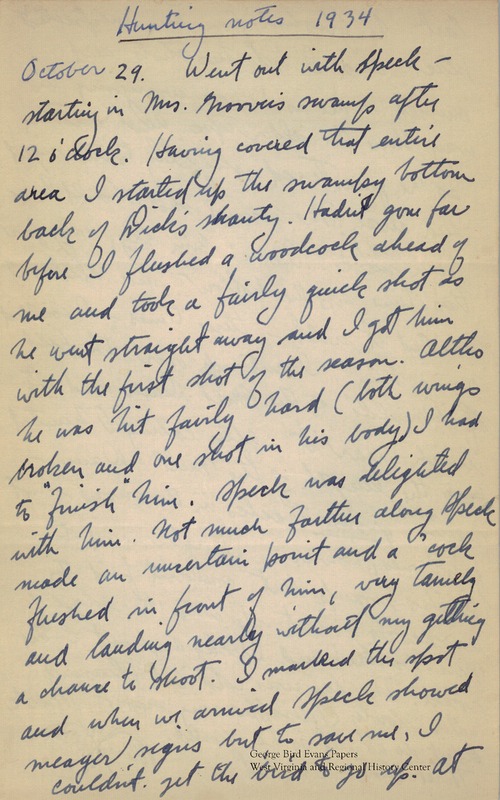 In this journal, George writes about hunting for woodcock and grouse with his dogs, Speck and Nat. He details interactions with hunters and neighbors, including Ray, Mr. Barclay, and Father. His writings include many small sketches of birds in flight.
