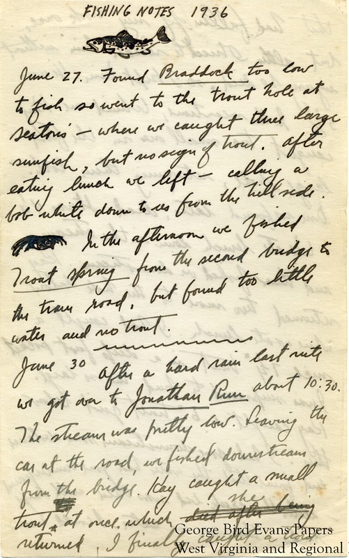 In this journal, George finds Braddock too low to fish, but fishes in Jonathan Run, which was low as well. He fishes with Kay for chubs and trout. He writes of going hunting with Father, his neighbors, nearby land owners, and friends. He hunts accompanied by his dogs Boy and Nat, who sadly later die in December. He remembers the one year anniversary of Speck's death on November 9th. He mentions buying hemlock and cutting it down. Hunting Notes begin on page 26.