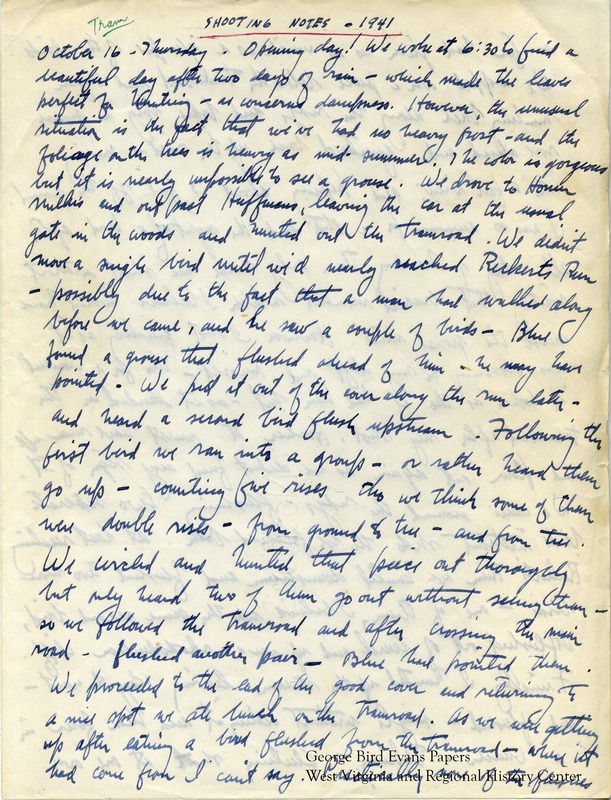 In this journal, George writes of hunting with Kay and his father for grouse and woodcock. He is accompanied by his dogs, Blue and Grouse. In many entries, he makes detailed notes about the weather and terrain.