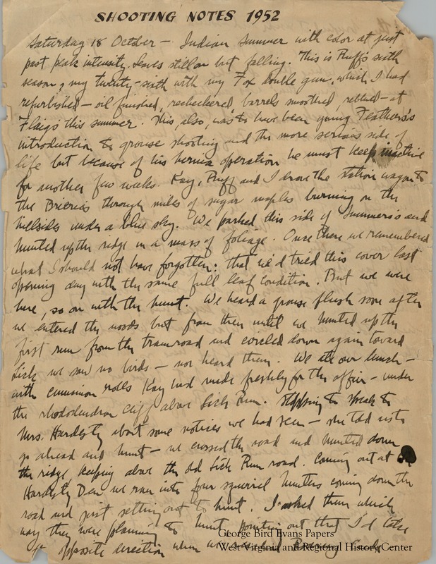 George begins his journals detailing the Indian Summer during October of that year, noting that leaves were falling but many were still on the trees. It is his 26th hunting season, and his dog Ruff's 6th hunting season. With his Fox double gun, he hunts for grouse with Ruff, Wilda, and Feathers along Roaring Creek, Lick Run, Brandonville, Mason Run, Little Sandy, the Cooper's Rock area, Hazel Run, Rockvelle, Dolly Sods, Petersburg, Crane School Road, and Upper Laurel. Kay takes pictures of George hunting with the dogs with her Retina II camera. George notes that Feathers has been carefully bred but is not a good bird dog quite yet. He makes many notes of the weather and terrain.