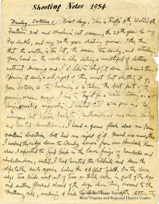 George makes note that it is Ruff's 8th season, Wilda's 4th, and Feathers' 3rd. It is George's 28th season with his Fox double gun, and his 30th grouse season. He visits Dolly Sods, the Allegheny Mountains, Canaan Valley, and Terra Alta. Kay accompanies him on some of his hunts, filming and taking photos. He visits a preserve in New Jersey and makes notes of pheasant in the area. Later in the season, when the WV season reopens, he finds a lost kitten. He visits Cucumber Run, Tub Run, White's Creek, Hazel Run, Roaring Gap, Lick Run, and Little Sandy.