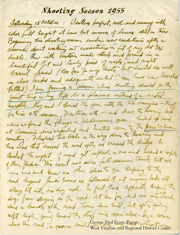 George writes that it is Ruff's 9th season and Feathers' 4th season. He also hungs with his dogs Wilda and Shadows at Roaring Gap, Laurel Run Valley, Canaan Montain, Hazelton, along the Cheat River between Albright and Kingwood, Scott's Run, and Beaver Creek. He goes pheasant shooting in Michigan. He attempts to breed Ruff with Doll (the dog of someone else.) Kay takes photos and films their outings. He makes frequent note of the weather and terrain.