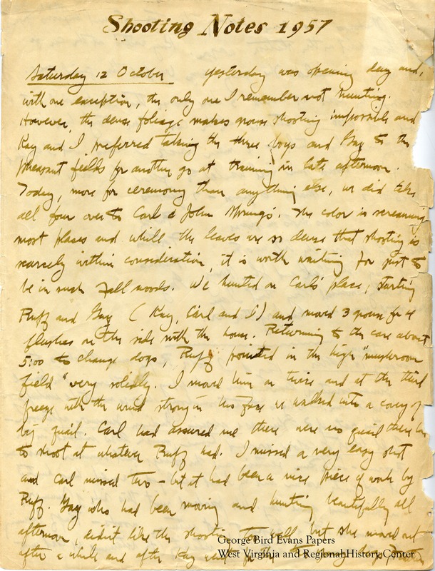 George begins this journal the day after opening day. He goes hunting along with his dogs Ruff, George, and Gay, and is accompanied by Gay's handler, Carl. Training in the pheasant fields, he includes a data chart of statistics for each dog. He hunts, sometimes accompanied by Kay, in and around Roaring Creek, Upper Beaver, Uniontown, Stony River, Stamping Ground Run, and Scott Run. He looks for grouse in covers of hemlock and rhododendron, and describes leaves and scenes around Old Hemlock. He marks the anniversary of Speck's death. In many entries, he describes the weather and terrain in great detail.