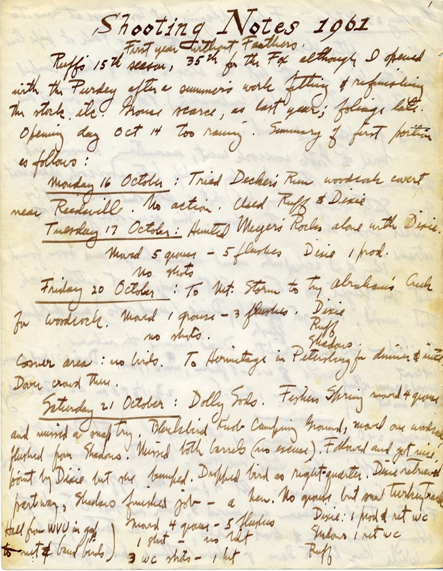 It is George's first year without Feathers, and Ruff's 15th and last season. It is George's 35th season with the Fox gun. Along with Dixie and Shadows, he hunts for grouse and woodcock in and around Roaring Gap, Decker's Run, Meyers Rocks, Abraham's Creek, Dolly Sods, Davis Trail, Cabin mountain, Laurel Run, Flag Run, and Petersburg. He is occasionally accompanied by Meade and Bean, his other dogs. Noting the thick rhododendron and greenbrier cover, he hunts Dixie and Ruff together. Later, George enjoys some post-season pheasant shooting at the Nemacolin Trail Preserve. Making frequent notes of the weather and terrain, he keeps detailed statistics for each individual dog and illustrates some of his journal entries.