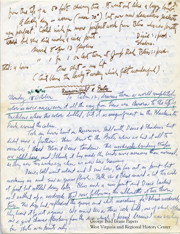 George Bird Evans' 1965 journals seem to be missing a few pages at the beginning and the end. In the pages provided, George hunts for woodcock and grouse with Dixie, Shadows, and Bliss in and along Yokum Run, Blackwater, Devils Run, Island Knoll, Beaver Creek, Upper Dority, Sugar Valley Knob, Bishoff Place, Mount Storm, Whistsell Settlement, and the Rockwell Preserve. Later, he hunts for pheasant and quail as well. He makes frequent note of the weather and terrain and occasionally illustrates his journal entries.