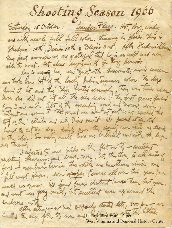 George writes that it is Shadows' 14th and last season, Dixie's 10th, and Bliss' 3rd. He hunts for grouse in and around many sites, including Blackwater, Gates, Scott Place, Mt. Storm, Gregg Knob, Canaan, Cupp Run Swamp, Upper Dority, Hazelton, Upper Beaver, Lick Run School, Scott Place, Armstrong Bottom, Leander Place, and Little Sandy. He writes of meeting with Bill Ringer. Early the next year, he visits the Rockwell preserve to hunt for pheasants.