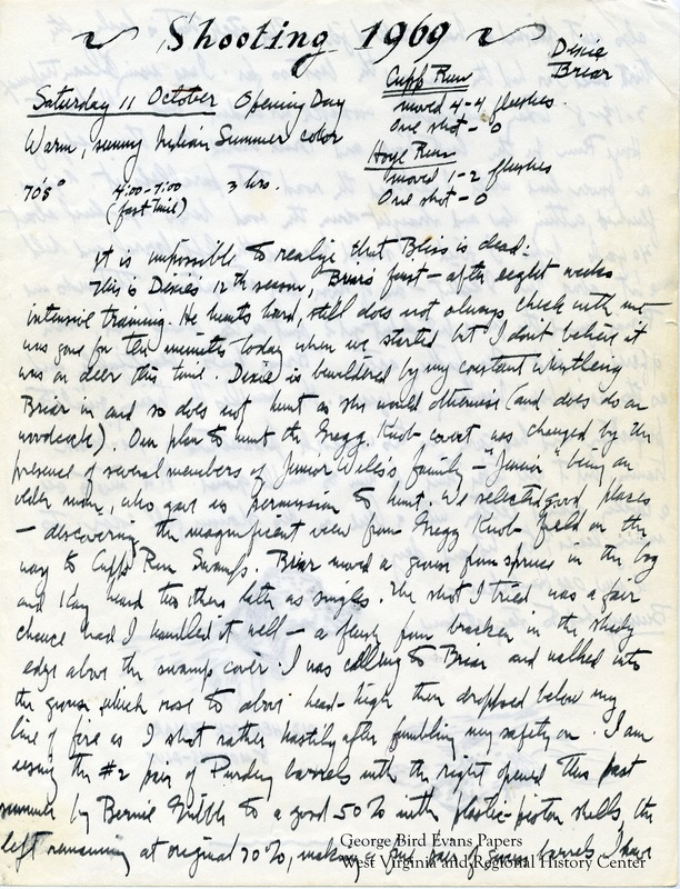 George writes that his dog Bliss has died, while it is Dixie's 12th season and Briar's 1st season after intensive training. Bunny, a new Old Hemlocker, stays at home at the start of the year. George details his outings hunting for grouse and woodcock at locations including Fred Moon, Gates, Mt. Storm, Canaan Mountain, Connelly, Glade Farms Glade, Gibbon's Glade, Winding Ridge, Tub Run, the McGrew Place, and the Bishoff Place. In most entries, he notes the location, the weather, the names of the dogs he is hunting with, and statistics including the number of flushes and shots he attempts. He includes many sketches of his dogs as well as a table with hunt statistics from each location he visits and each individual dog that accompanies him.