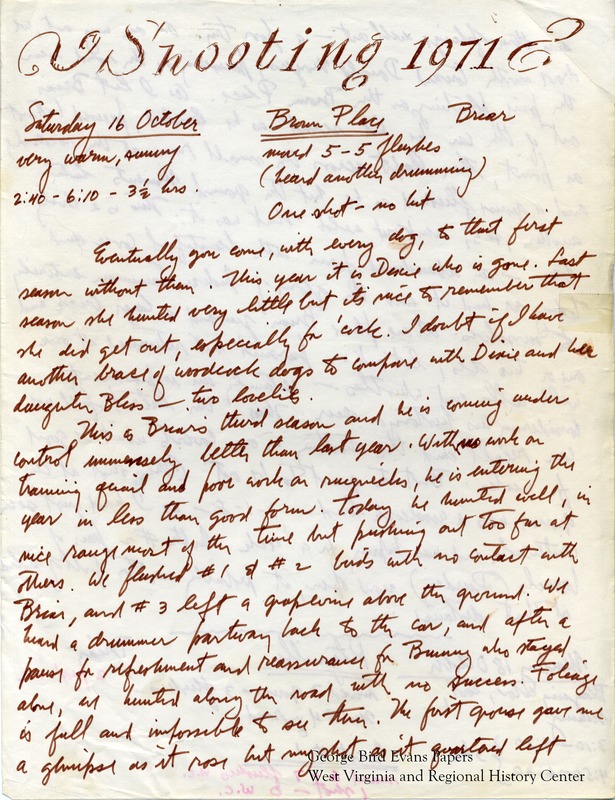 George writes sadly of Dixie's death, noting that she and her daughter Bliss were two of the best woodcock dogs he'd ever had. This season, he hunts with his dogs Briar and Bunny. They go on outings in and around Gates, Beaver Creek, Scott Place, Leander Place, Mt. Storm, Little Sandy DeBerry, Braddock Run, Birch Hill, Winding Ridge, Tub Run, and the McGrew Place. Each entry includes information about the weather, statistics on flushes and shots, and the name of the dog he is hunting with. He includes tables of hunt statistics for each location and individual dog.