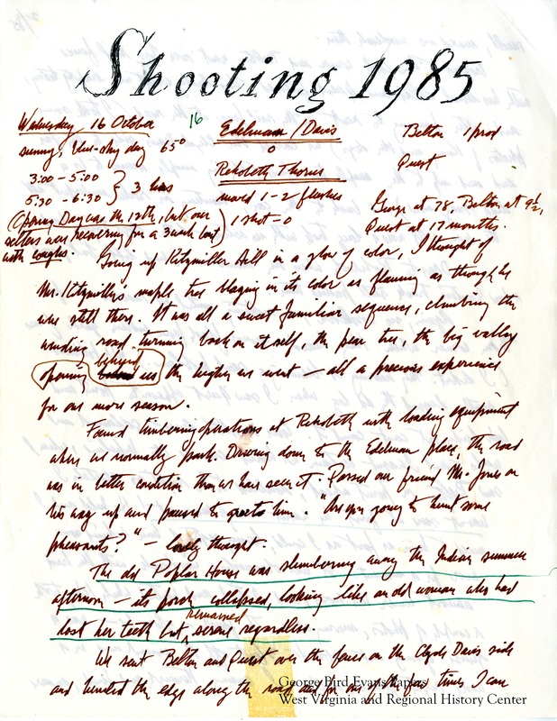 This hunting season finds George at 78 years old, Belton at 9 1/2, and Quest at 17 months. Though he notes that it is the worst season for grouse he has seen in his years of hunting, he still visits locations in and around Rehobeth thorns, the Poplar house, Beavery Creek, Canaan Valley, the Bitely's land, Robert Harvey's land, Donald Moyers' thorns, the Henckels' place, Mrs. Burkes' land, Wilkinson Hollow, the Frankenhauser place, Mason Run, Wilkinson Road, Little Sandy South, Ray Guthrie's land, Charles Kelly's land, the Matthews' place, the Wrights' place, Chestnut Ridge, and Hunting Hills. He visits friends Jeff and Gabriella leach, Mike and Jean Bitely, Allan Van Alter, Robert harvey, Mrs. Burke, Raymond Seese, and Pat Deberry. Unlike many of his other journals, he does not include a chart or table of hunt statistics.